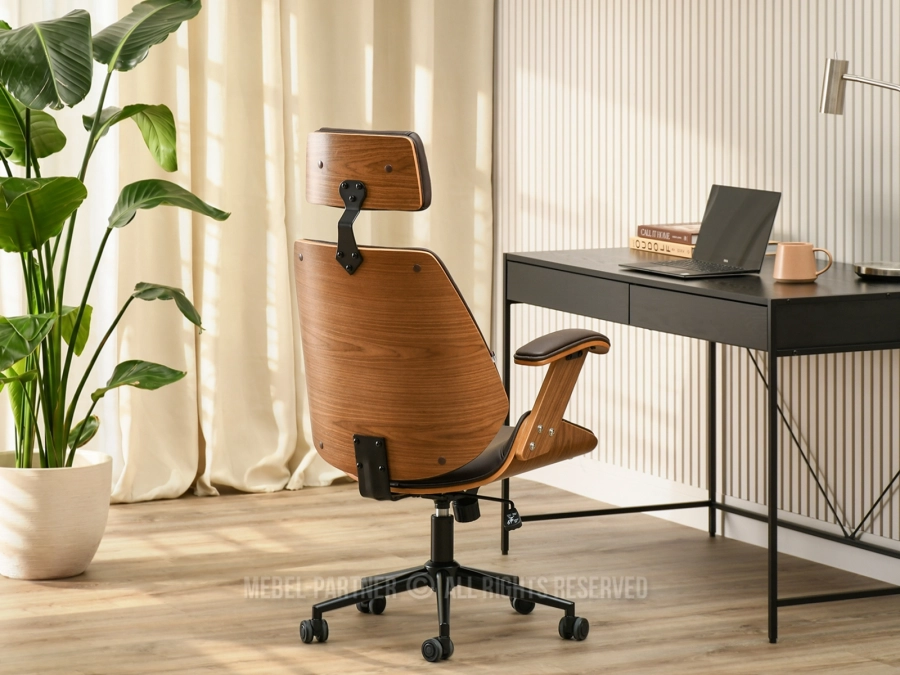 Drewniany fotel biurowy loft FRANK skóra eko brąz - orzech - w aranżacji