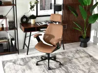 Fotel biurowy z drewna i ekoskóry FRANK BRĄZ - CZARNY - krzesło biurowe w zestawie z biurkiem GAVLE