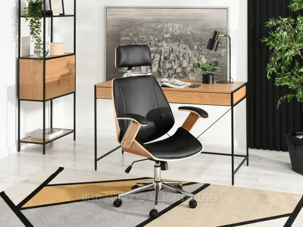 Obrotowy fotel z drewnianym stelażem i czarną skórą ekologiczną - elegancja i komfort