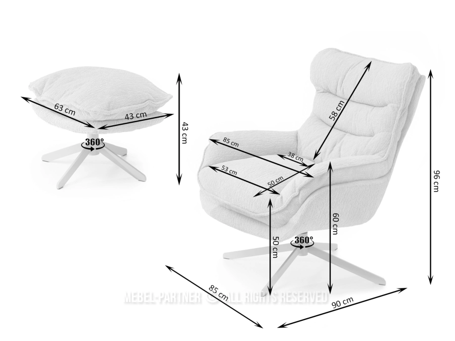 Obrotowy fotel z podnóżkiem ZIELONY KAREN PODSTAWA CZARNY - wymiary