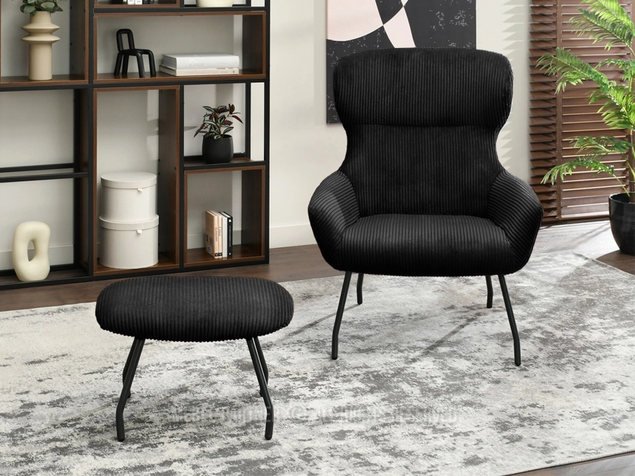 Czarny fotel sztruksowy z podnóżkiem – ponadczasowa elegancja