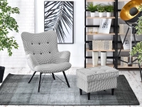 Designerski fotel DALTON PEPITKA na czarnej metalowej nodze - w aranżacji z regałami TOWER i pufą MALMO