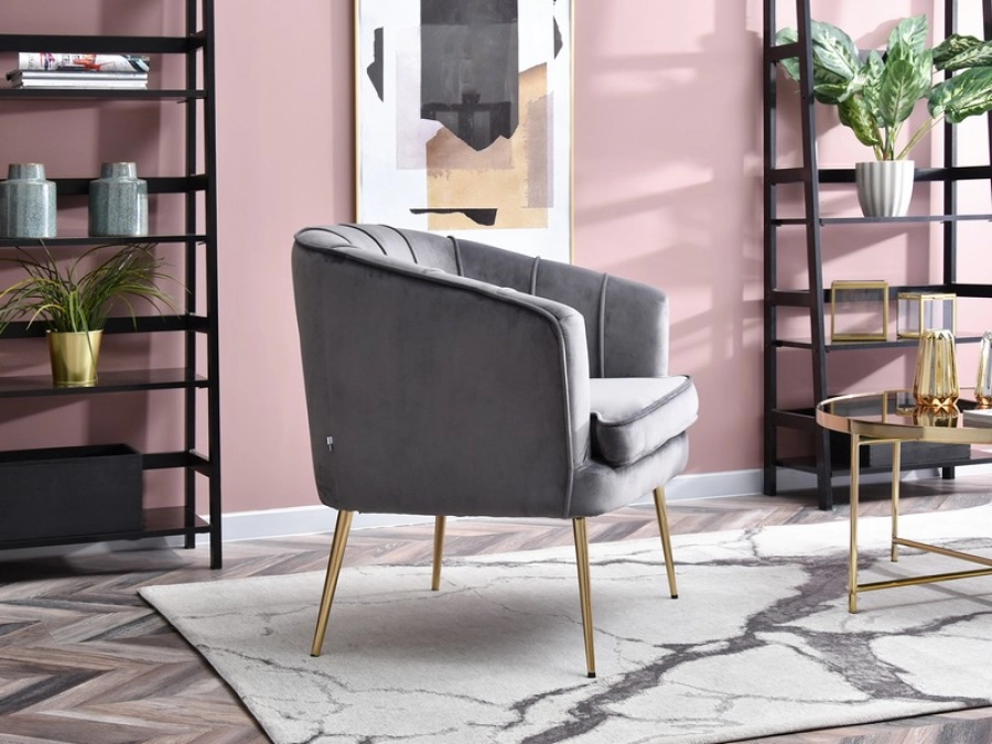 Komfortowy fotel ESTEL SZARY WELUR GLAMOUR + złoty w aranżacji
