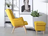Fotel w nowczesnym stylu do salonu FLORI żółty - buk - aranżacja z pufą MALMO profil