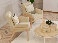 Fotel retro do salonu DORA BEŻ BOUCLE - DREWNIANE NOGI - zestaw foteli do salonu