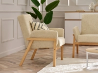 Fotel retro do salonu DORA BEŻ BOUCLE - DREWNIANE NOGI - fotel w aranżacji z kanapą LAO