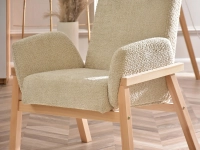 Fotel retro do salonu DORA BEŻ BOUCLE - DREWNIANE NOGI - fotel z jasnej tkaniny