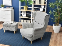 Designerski fotel skandynawski MALMO pepitka w aranżacji z regałem TOWER