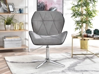 Fotel w stylu glamour VELO SZARY aksamit na nodze chrom - w aranżacji z regałami TOWER i stolikiem IBIA XL