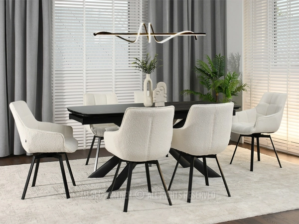 Nowoczesne i eleganckie krzesła tapicerowane - kremowa boucla na czarnej podstawie