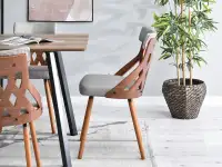 Ażurowe krzesło CRABI z drewna ORZECH + SZARA TKANINA - profil