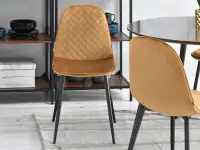Welurowe krzesło SKAL ZŁOTE NA CZARNYCH NOGACH - w aranżacji z regałami OTTO i stołem TILIA