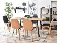 Krzesło drewniane VINCE tapicerowany skórą CZARNY + BUK - w aranżacji ze stołem TITO i regałami OTTO