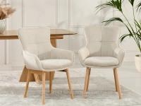 Krzesło tapicerowane BEŻOWE z podłokietnikami CORDIA DĄB - elegancki design mebla do jadalni