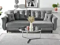 Modna lustrzana ława kawowa NATAL XL SREBRNY do salonu - w aranżacji z kanapą LANTI