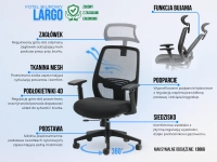Fotel biurowy ergonomiczny tkanina mesh LARGO CZARNY - funkcje fotela obrotowego do biura