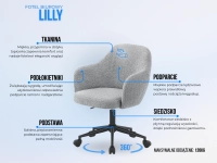 Fotel biurowy z regulacją wysokości SZARY BOUCLE LILLY CZARNY - funkcje w fotelu do pracy przy biurku