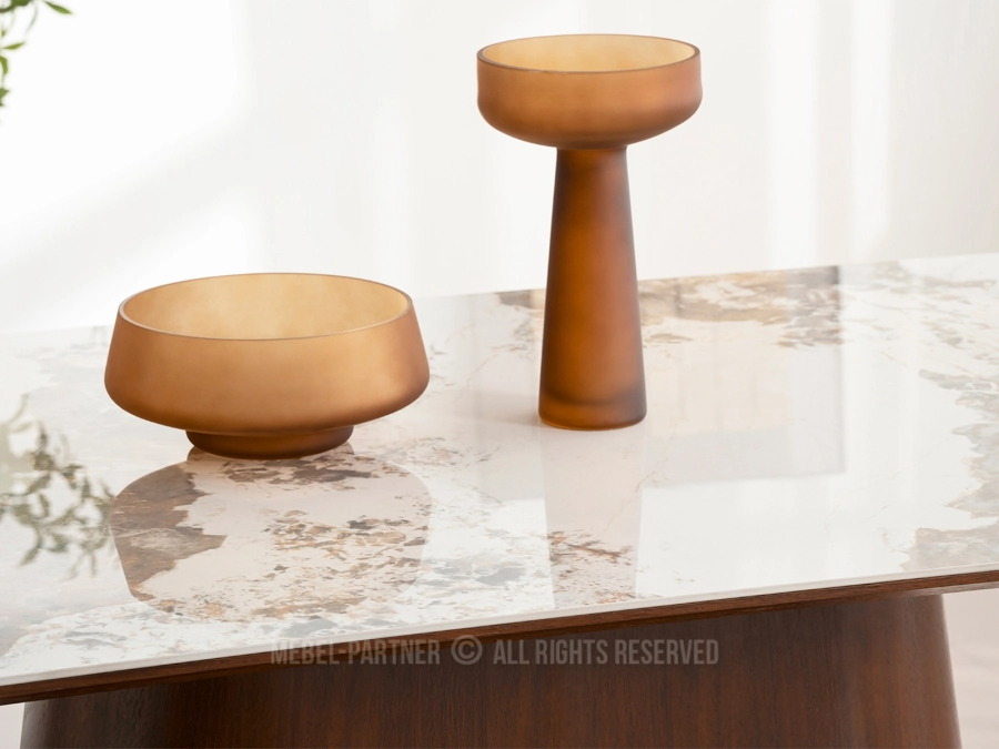 Marmurowy BEŻOWY stół ceramiczny ORVIN NOGA ORZECH - dwuwarstwowy blat, płyta MDF z ceramiką