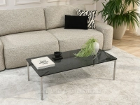 Modny stolik kawowy DYMIONE SZKŁO ONYX STAL SZCZOTKOWANA - szklany plat o szerokości 120 cm
