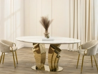 Owalny stół KREMOWY MARMUR LUNADO 180 NOGA ZŁOTY SZAMPAŃSKI - designerski marmurowy stół glamour do jadalni