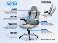 Fotel obrotowy RACER 3 SZARY - EKO-SKÓRA I MOBILNA NOGA - funkcje i cechy fotela biurowego