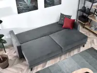 Sofa pikowana AURA SZARA WELUROWA rozkładana z pojemnikiem - funkcja spania