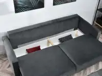 Sofa pikowana AURA SZARA WELUROWA rozkładana z pojemnikiem - pojemnik na pościel