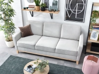 Skandynawska sofa BERGEN rozkładana na drewnianych nóżkach - w aranżacji ze stolikiem KODIA S