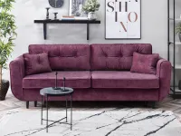 Sofa rozkładana BLINK WRZOSOWA z poduchami do salonu - w aranżacji z regałem OTTO i stolikiem IBIA S