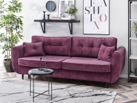 Sofa rozkładana BLINK WRZOSOWA z poduchami do salonu - w aranżacji z regałem OTTO i stolikiem IBIA S