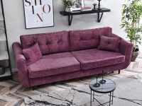 Sofa rozkładana BLINK WRZOSOWA z poduchami do salonu -w aranżacji z regałem OTTO i stolikiem IBIA S