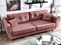Sofa glamour BLINK PUDROWY RÓŻ z weluru rozkładana - w aranżacji z regałami AXEL i stolikiem IBIA