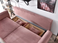 Sofa glamour BLINK PUDROWY RÓŻ z weluru rozkładana - pojemnik na pościel
