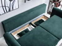 Sofa welurowa BLINK BUTELKOWA ZIELEŃ rozkładana z poduchami - pojemnik na pościel