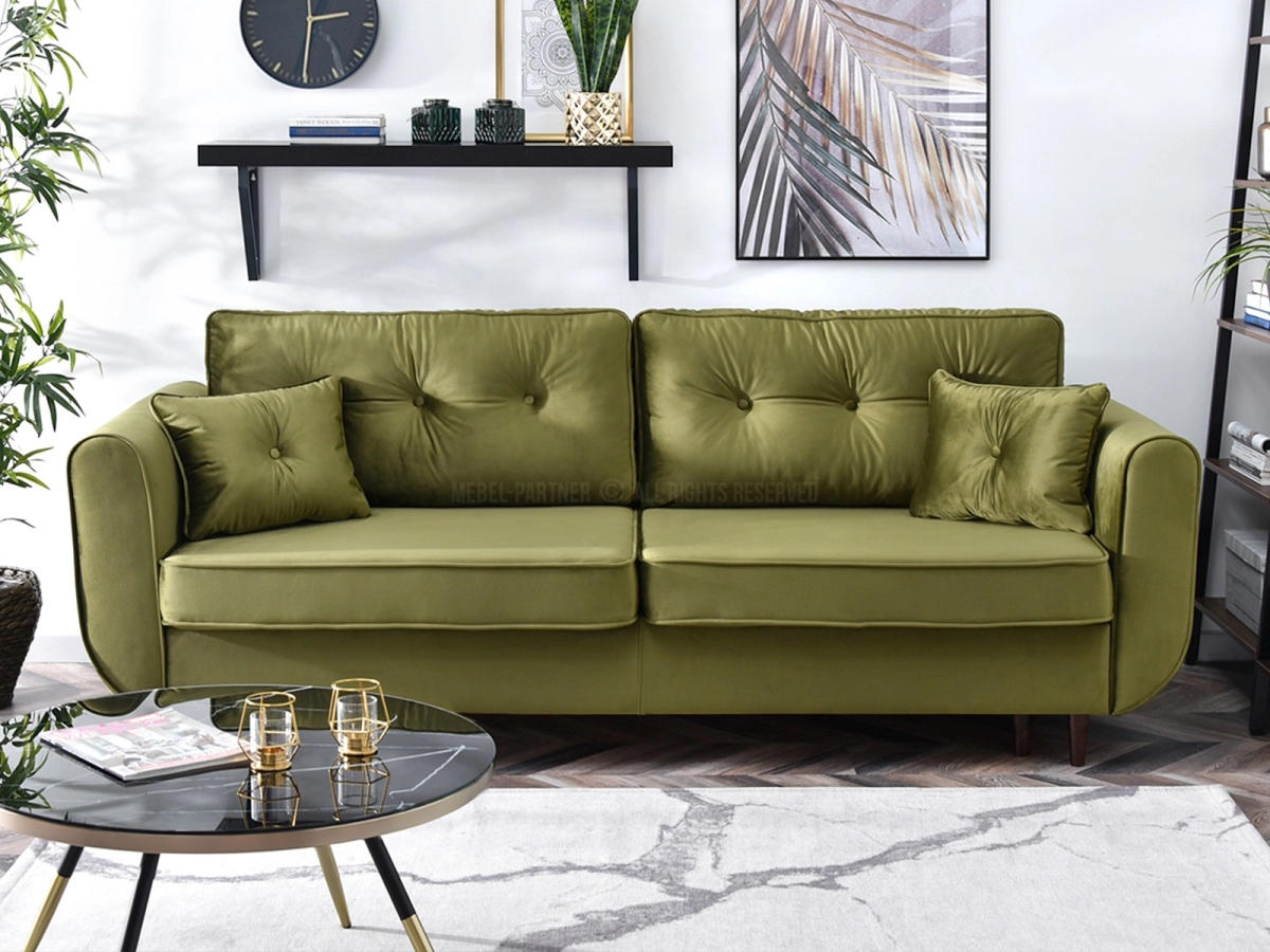 Sofa z weluru BLINK ZIELONA z funkcją spania do salonu - w aranżacji z regałami JENS i stolikiem CHENTI