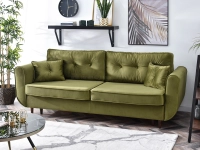 Sofa z weluru BLINK ZIELONA z funkcją spania do salonu - w aranżacji z regałami JENS i stolikiem CHENTI
