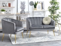 Sofa glamour ESTEL SZARA z weluru na ZŁOTYCH NOGACH - komplet w aranżacji