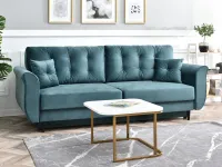 Sofa w stylu glamour LANTI MORSKA z funkcją spania - w aranżacji z regałem JENS i stolikiem IRIGA