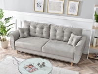 Welurowa sofa LANTI POPIELATA rozkładana z pojemnikiem - w aranżacji z regałem HARPER i stolikiem NATAL