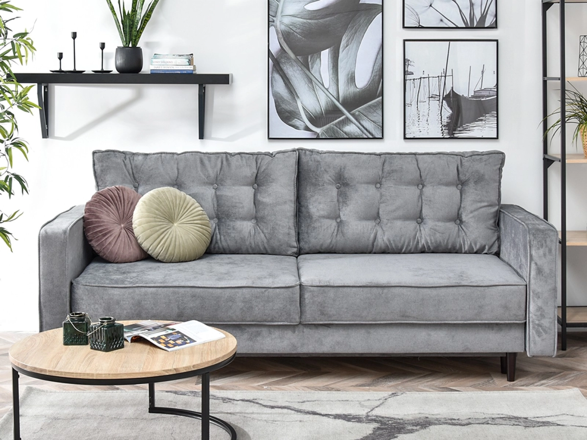 Sofa rozkładana LAVIA SZARA tapicerowana tkaniną - w aranżacji z regałami OTTO i stolikiem KODIA
