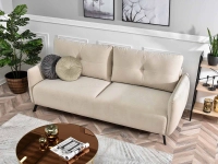 Sofa LULU ECRU tapicerowana welurem z funkcją rozkładania - w aranżacji ze stolikiem IBIA XL oraz regałem JENS C