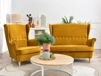 Sofa dwuosobowa tapicerowana MALMO MIODOWY WELUR - BUK  - w aranżacji z fotelem MALMO oraz stolikiem KODIA XL