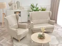 Sofa wypoczynkowa MALMO PIASKOWA - nogi BUK - kanapa z fotelem do salonu