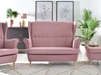 Skandynawska sofa 2 osobowa uszak MALMO PUDROWA - BUK - w aranżacji z fotelem oraz podnóżkiem MALMO