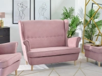 Skandynawska sofa 2 osobowa uszak MALMO PUDROWA - BUK - w aranżacji z fotelem oraz podnóżkiem MALMO