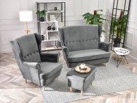 Mała sofa styl skandynawski MALMO SZARA I BUKOWE NÓŻKI - zestaw sofa, fotel i puf