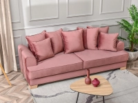Wygodna sofa MISS BIBI PUDROWY RÓŻ - NOGA BUK - w aranżacji ze stolikiem ROSIN