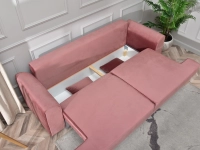 Wygodna sofa MISS BIBI PUDROWY RÓŻ - NOGA BUK - pojemnik na pościel
