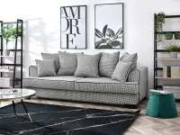 Designerska sofa rozkładana do salonu MISS BIBI pepitka - w aranżacji ze stolikiem CHENTI XL i regałami TOWER