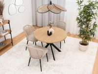 Stół rozkładany 180 do jadalni RODOS DĄB KAMIENNY - CZARNY - złożony w aranżacji z krzesłami MOE i konsolą INGRID